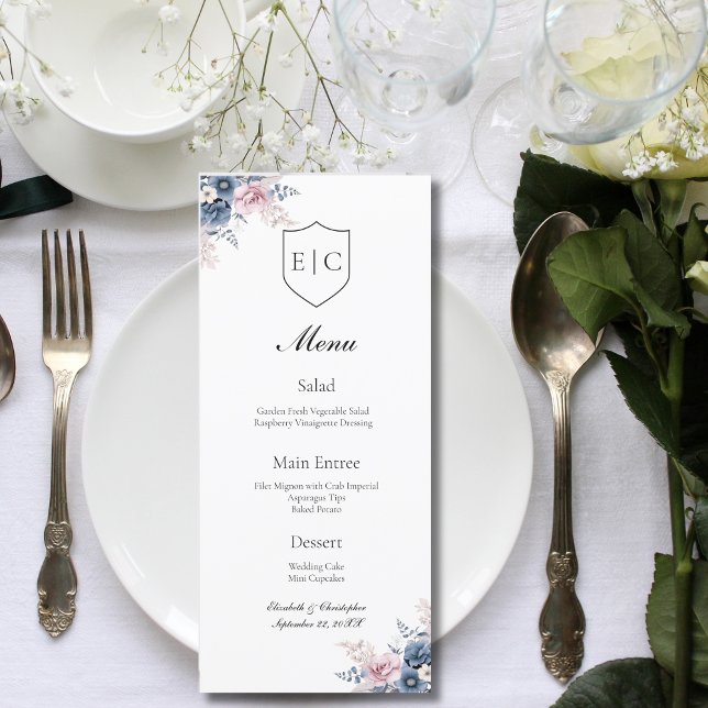 Dusty Blue  Rosa Blommigt Monogram Bröllop Menu (Dusty blue blush pink floral monogram wedding menu )