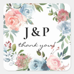 Dusty Blue & Rosa  Blommigt Monogram - vitt Fyrkantigt Klistermärke