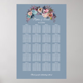 Dusty Blue Rosa Blommigt Sittdiagram 160 gäster Poster