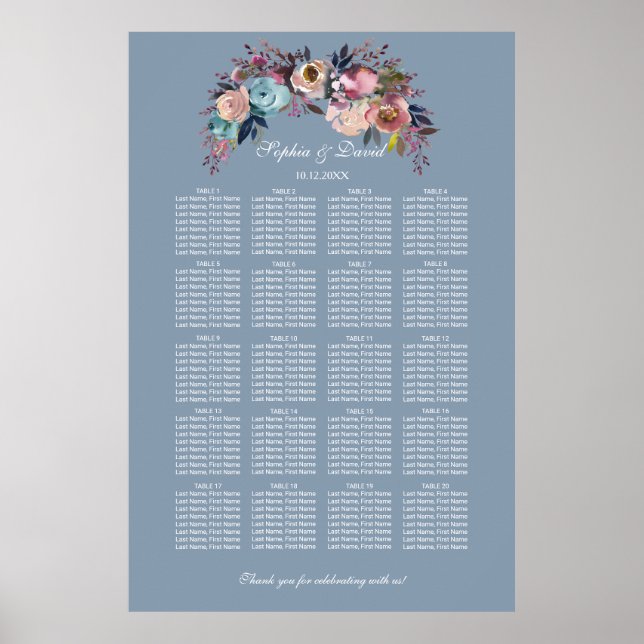 Dusty Blue Rosa Blommigt Sittdiagram 160 gäster Poster (Framsidan)