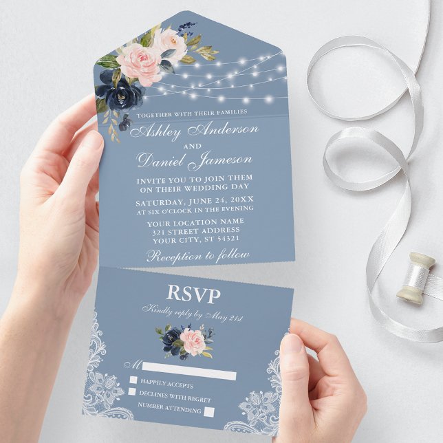 Dusty Blue Rosa Blommigt Snöre Ljus Bröllop (All In One Wedding Invitation with tear off RSVP Card)
