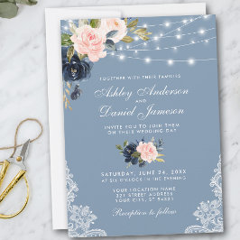 Dusty Blue Rosa Blommigt String Ljus Snöre Bröllop Inbjudningar