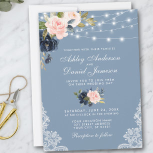Dusty Blue Rosa Blommigt String Ljus Snöre Bröllop Inbjudningar