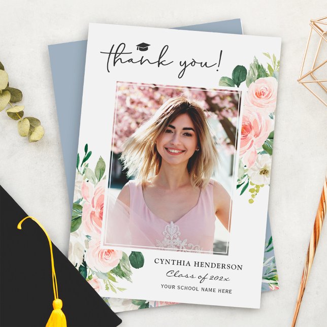 Dusty Blue  Rosa Blommigt Studenten Photo Tack Kort (Skapare uppladdad)