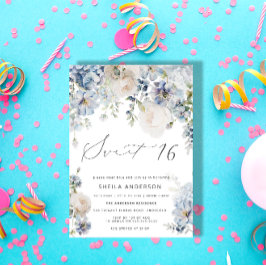 Dusty Blue & Rosa Blommigt Sweet 16 Birthday Inbjudningar