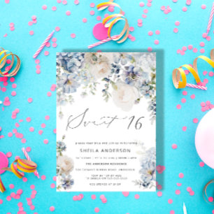 Dusty Blue & Rosa Blommigt Sweet 16 Birthday Inbjudningar