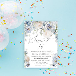 Dusty Blue & Rosa Blommigt Sweet 16 Birthday Inbjudningar