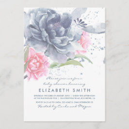 Dusty Blue Rosa Blommigt Watercolor Baby Shower Inbjudningar