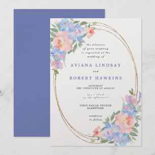 Dusty Blue Rosa Blommigt Watercolor Bröllop Inbjudningar