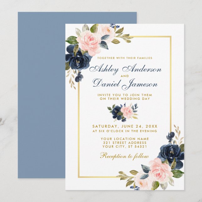 Dusty Blue Rosa  Blommigten Bröllop Guld Ram Inbjudningar (Fram/baksida)
