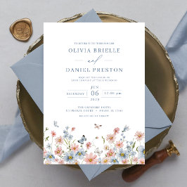 Dusty Blue  Rosa Elegant Garden Wedding Inbjudningar