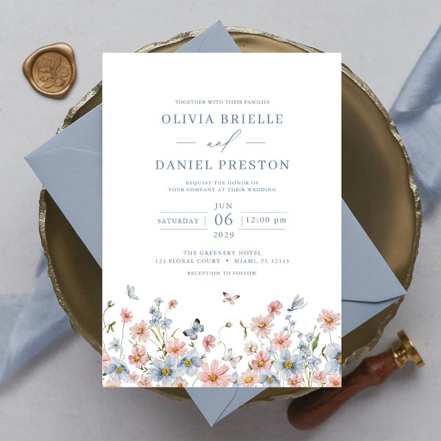 Dusty Blue  Rosa Elegant Garden Wedding Inbjudningar (Skapare uppladdad)