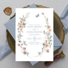 Dusty Blue  Rosa Elegant Garden Wedding Inbjudningar