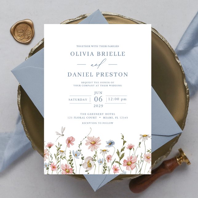 Dusty Blue  Rosa Elegant Garden Wedding Inbjudningar (Skapare uppladdad)
