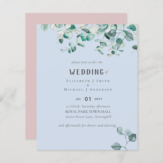 Dusty Blue Rosa Eucalyptus BUDGET WEDDING-inbjudan (Fram/baksida)