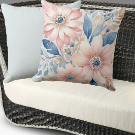 Dusty Blue Rosa Flowers Beige Boho Blommigt Kudde