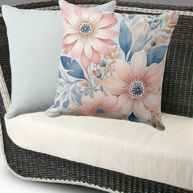 Dusty Blue Rosa Flowers Beige Boho Blommigt Kudde (Skapare uppladdad)