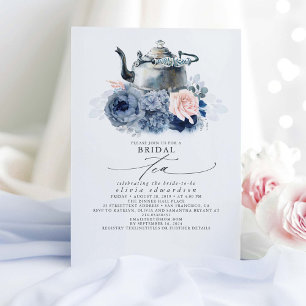 Dusty Blue Rosa Flowers Elegant Möhippa Tea Inbjudningar