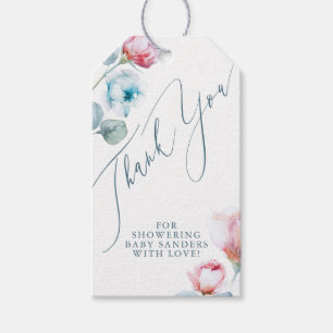 Dusty Blue Rosa Flowers Elegant Tack Gift Presentetikett