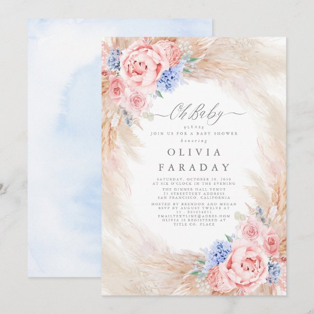 Dusty Blue Rosa Flowers Pampas Grass Baby Shower Inbjudningar (Fram/baksida)