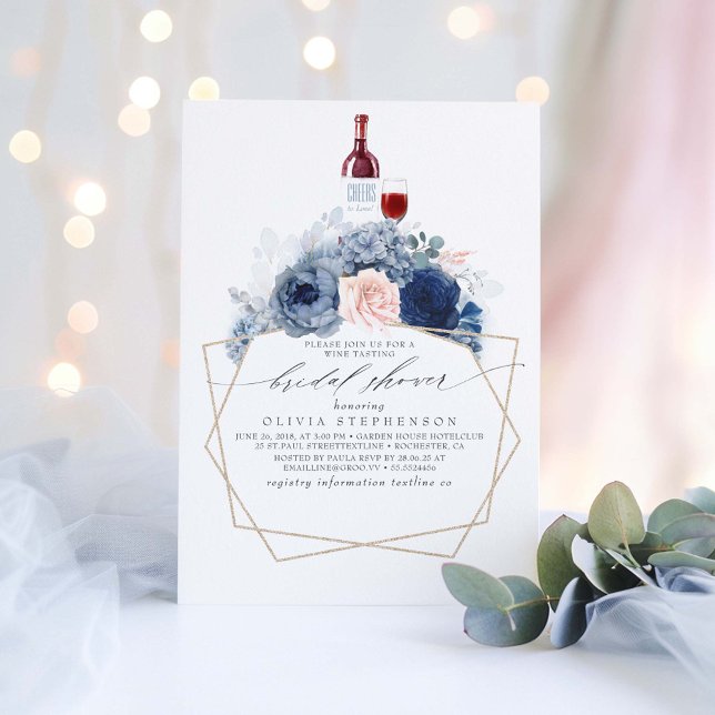 Dusty Blue Rosa Flowers Vin Tasting Möhippa Inbjudningar (Wine Tasting Bridal Shower Invitations)