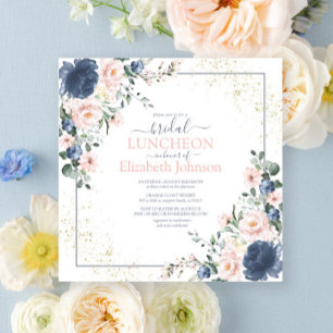 Dusty Blue Rosa Guld Blommigt Möhippa Luncheon Inbjudningar