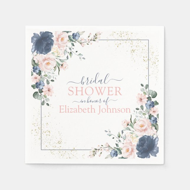 Dusty Blue  Rosa Guld Blommigt Möhippa Pappersservett (Framsidan)