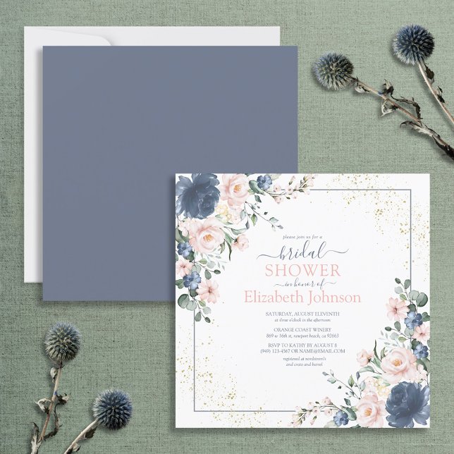 Dusty Blue  Rosa Guld Blommigt Square Shower Inbjudningar (Skapare uppladdad)