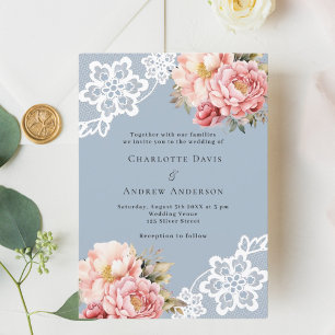 Dusty Blue rosa ros blommigt snöre lyxur bröllop Inbjudningar