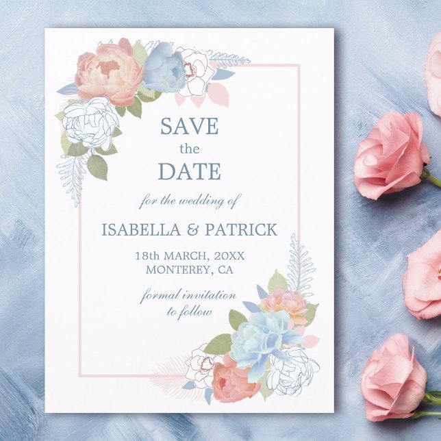 Dusty Blue  Rosa ros Blommigt Spara datum Vykort (Dusty Blue Blush Pink Rose Floral Save the Date Postcard)