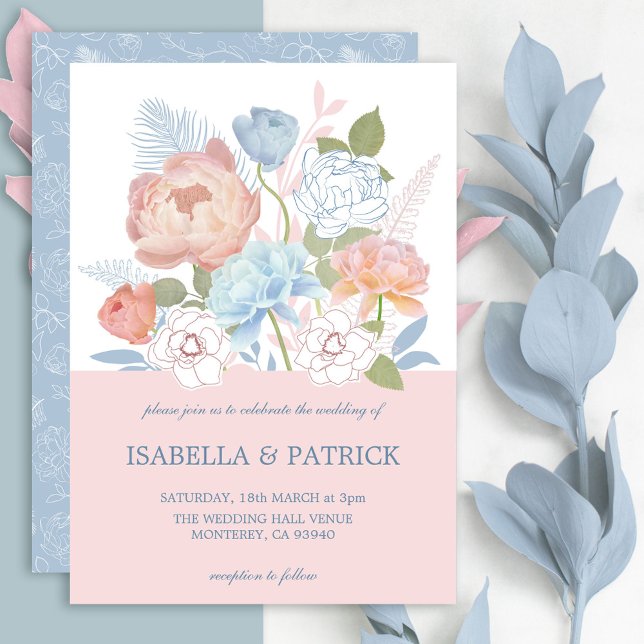 Dusty Blue  Rosa ros & Peony Blommigt Bröllop Inbjudningar (Dusty Blue Blush Pink Rose & Peony Floral Wedding Invitation)
