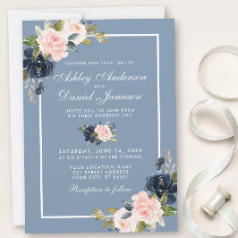 Dusty Blue Rosa Watercolor Blommigt Bröllop Inbjudningar