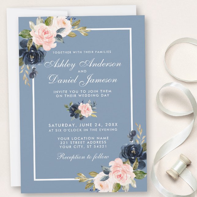 Dusty Blue Rosa  Watercolor Blommigt Bröllop Inbjudningar (Customize to change text size, style or color of back of card.)