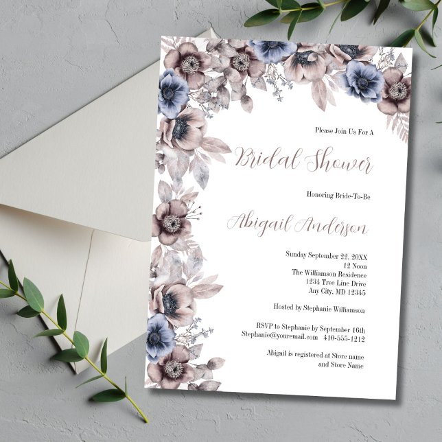 Dusty Blue Rosa Watercolor Blommigts Möhippa Inbjudningar (Dusty Pink and Blue Watercolor Florals Bridal Shower Invitation)