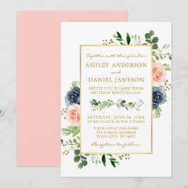 Dusty Blue Rosa Watercolor Ro Guld Bröllop Inbjudningar