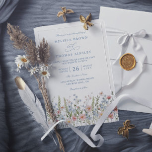 Dusty Blue Rosafärgad Vildblomma QR-kod Bröllop Inbjudningar