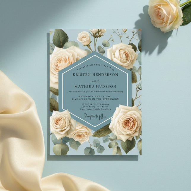 Dusty Blue Rose Botanical Wedding Inbjudningar (Skapare uppladdad)