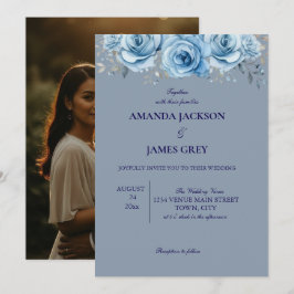 Dusty Blue Rose Floral Photo Back Wedding  Inbjudningar
