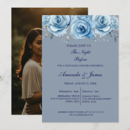 Dusty Blue Rose Floral Photo Rehearsal Dinner  Inbjudningar