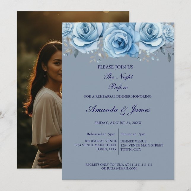 Dusty Blue Rose Floral Photo Rehearsal Dinner  Inbjudningar (Fram/baksida)