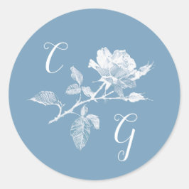 Dusty Blue Rose Line Art Monogram Wedding Runt Klistermärke