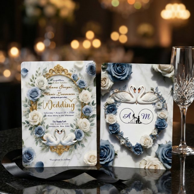 Dusty Blue Rose Marble Swan Fairytale Wedding Inbjudningar (Skapare uppladdad)