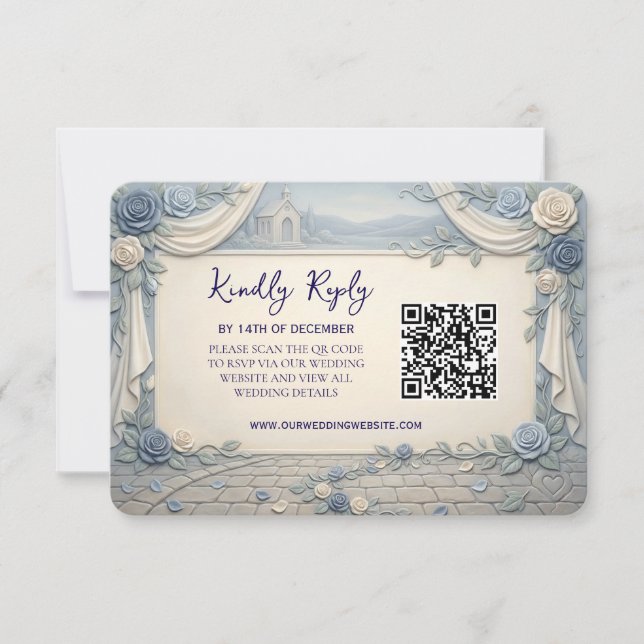 Dusty Blue Rose QR Code Wedding  OSA Kort (Framsida)