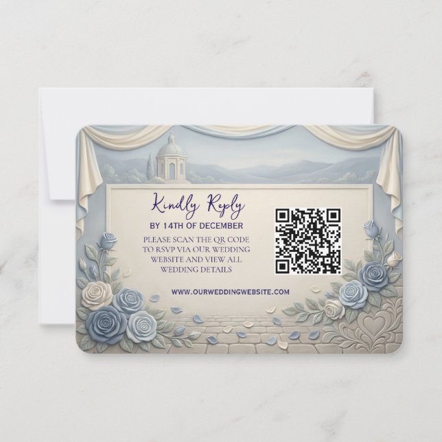Dusty Blue Rose Romantic Wedding QR Code  OSA Kort (Framsida)