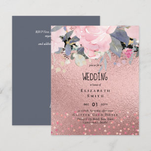 Dusty Blue Rosegold Blommigt Bröllopsinbjudan