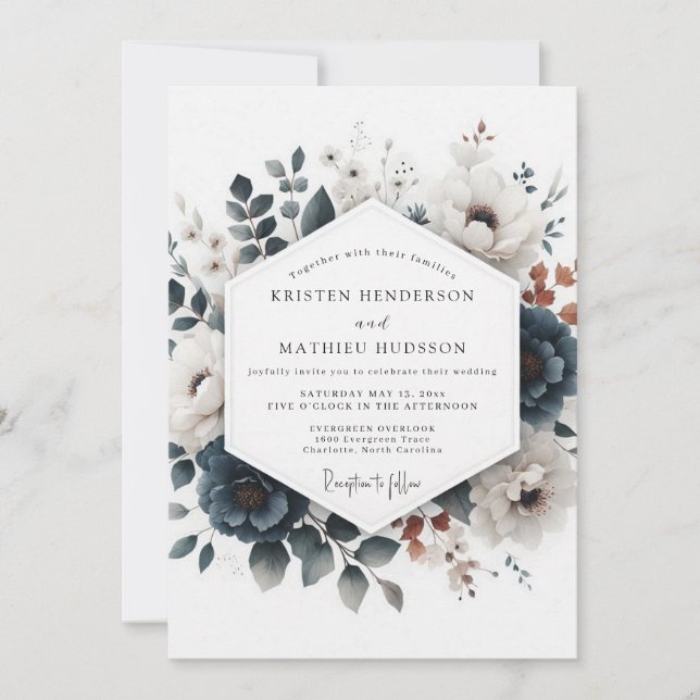 Dusty Blue Russet Flora Wedding Inbjudningar (Framsida)