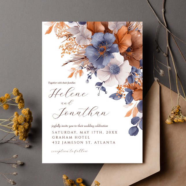 Dusty Blue Rust Watercolor Blommigt Elegant bröllo Inbjudningar (Dusty Blue Rust Watercolor Floral Elegant Wedding Invitation)