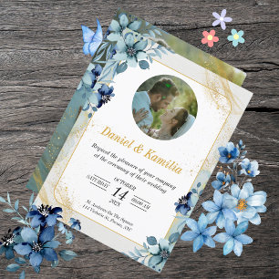 Dusty Blue Rustic Blommigt Bröllopsinbjudan med fo Inbjudningar