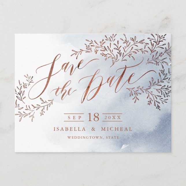 Dusty Blue Rustic blommigt calligraphy save date Meddelande Vykort (Framsida)