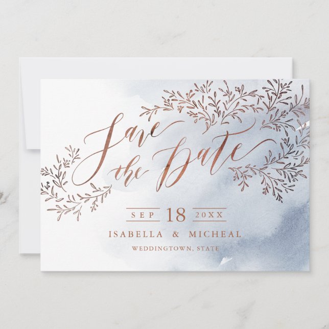 Dusty Blue Rustic blommigt calligraphy save date Spara Datumet (Framsida)